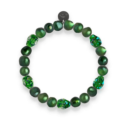 Couronne d'émeraude | Argent sterling 925 | Bracelet tête de mort en verre avec perles d'eau douce vertes et lucioles